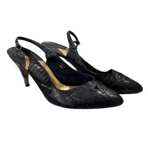 Vtg 80s J.Reneé Slingback Heels Black Faux Snakeskin Pointed Toe Kitten Heel 9M
